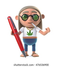 3d Render Of A Hippie Stoner Holding A Pen.