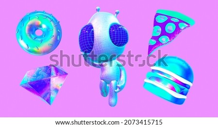 3d render hipster sticker set creative funny Alien and stylish holography objects . Cosmic trendy vibes