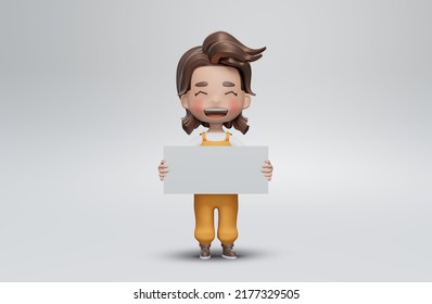 3d Render , Holding  Board In Cartoon Character , Bib Overalls Girl 