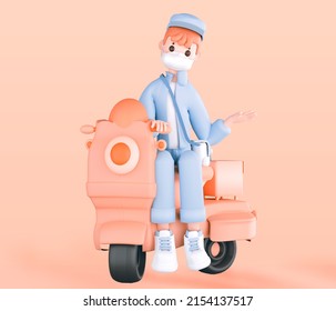 3d Render Home Delivery , Rider Delivery Man In Medical Mask , Parcel Box, Fast Delivery By Motorcycle Mockup Image 