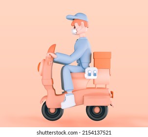 3d Render Home Delivery , Rider Delivery Man In Medical Mask , Parcel Box, Fast Delivery By Motorcycle Mockup Image 