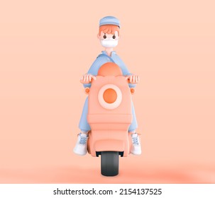 3d Render Home Delivery , Rider Delivery Man In Medical Mask , Parcel Box, Fast Delivery By Motorcycle Mockup Image 