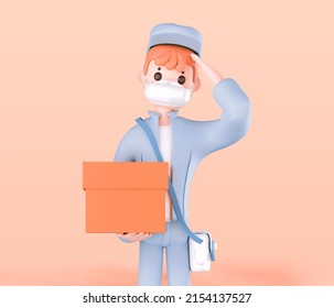 3d Render Home Delivery , Rider Delivery Man In Medical Mask , Parcel Box, Fast Delivery By Motorcycle Mockup Image 