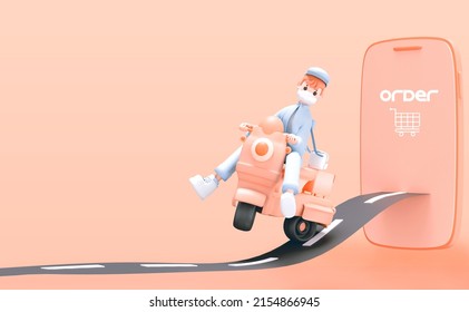 3d Render Home Delivery , Rider Delivery Man In Medical Mask , Parcel Box, Fast Delivery By Motorcycle Mockup Image 