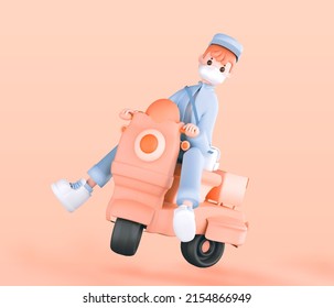 3d Render Home Delivery , Rider Delivery Man In Medical Mask , Parcel Box, Fast Delivery By Motorcycle Mockup Image 