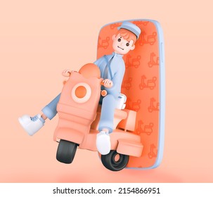 3d Render Home Delivery , Rider Delivery Man In Medical Mask , Parcel Box, Fast Delivery By Motorcycle Mockup Image 