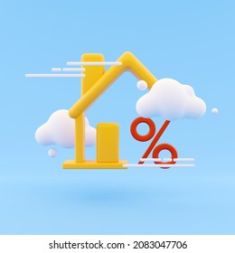 3d render home and interest icon with cloud icon on blue background. 3D rendering home, house, discount, interest icon on abstract background