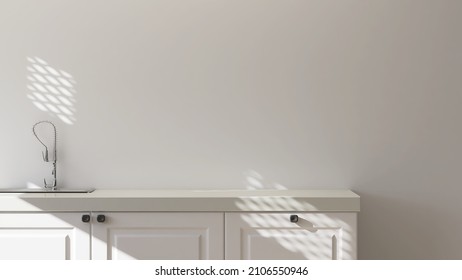 3D Render For Home Products Mock Up. A White Kitchen Cabinet With Stainless Sink And Deck Mounted Faucet, Modern Loft Concrete Wall In Background With Sunlight And Beautiful Window Frame Shadow, Space