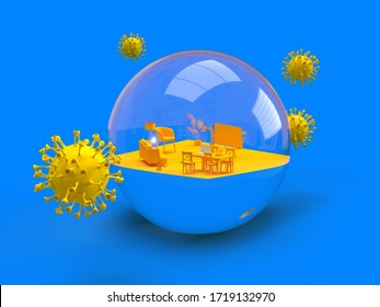 3d Render Of A Home Scene In A Protective Bubble With Sofa, Dining Table, Large Tv, Plants And A Laptop With Yellow Texture, Next To A 3d Virus Model, Coronavirus, Covid19