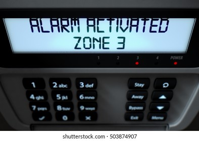 A 3D render of a home security keypad access panel with buttons and an illuminated screen displaying a break in or security breach