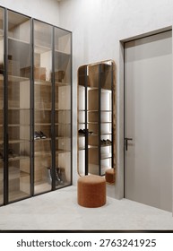 3D render of a home walk-in closet featuring illuminated cabinets with glass doors. The cabinetry holds clothing and footwear, and includes a large mirror. Vertical orientation.