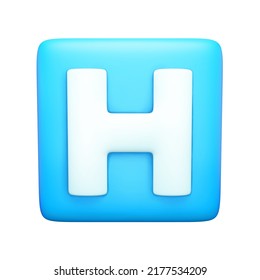 3d Render Hospital House Icon. Rendering Illustration Of Blue Letter H On The Square Button Isolated On White Background. Medical Sign. First Aid Center. Health Care Medicine Symbol. Clinic Logo.