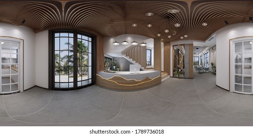 3D Render - Hostel Lobby Interior - Panoramic View