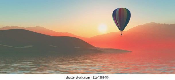 3D Render Of A Hot Air Ballon Against A Sunset Sky And Island