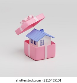  3d render of a house in a gift box, Real estate concept.