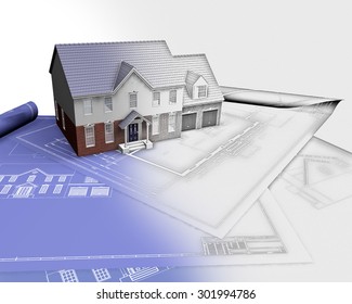 3D render of a house on blueprints with half in sketch phase