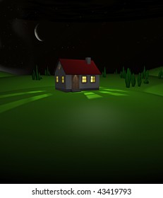 3D render of a house on a hill by night