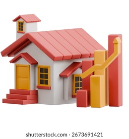 3D render of a house with a rising graph, symbolizing real estate appreciation and investment growth.
