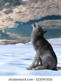 3d Render Of A Howling Wolf On Winter Snow Background