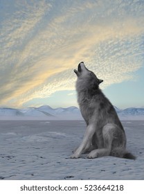 3d Render Of A Howling Wolf On Winter Snow Background