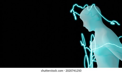 A 3D render of a human body with blue electric lights coming out of it on an isolated black background