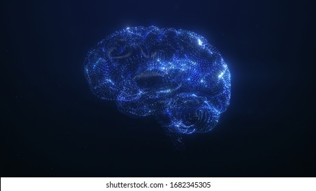 3D Render Of The Human Brain. Blue Particles Follow Brain Structure, Neuronal And Synapse Activity, Artificial Intelligence (AI) And Deep Learning, Digital Brain With Electrical Impulses