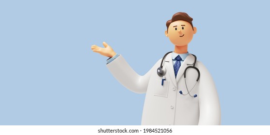 3d render. Human doctor cartoon character with stethoscope, looking at camera. Clip art isolated on blue background. Professional recommendation. Medical presentation