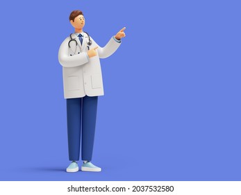 3d render. Human doctor cartoon character wearing white lab coat with stethoscope, standing and pointing up. Clip art isolated on blue background. Professional consultation