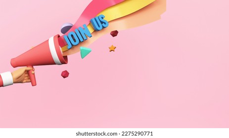 3D Render of Human Hand Holding Megaphone With Saying Join Us Against Pink Background And Copy Space. - Powered by Shutterstock