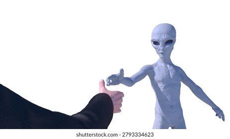 
3D render of human hand reaching to shake hands with gray alien  first contact concept , 3D render illustration