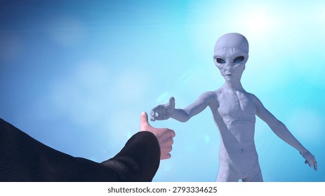 
3D render of human hand reaching to shake hands with gray alien  first contact concept , 3D render illustration