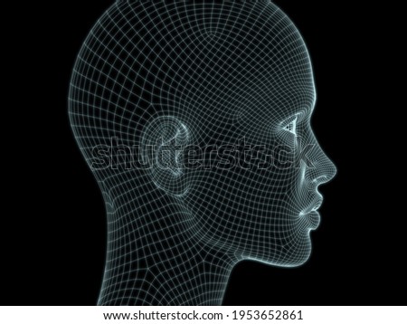 3D Render of human head in wire mesh for use in illustrations on technology, education and computer science