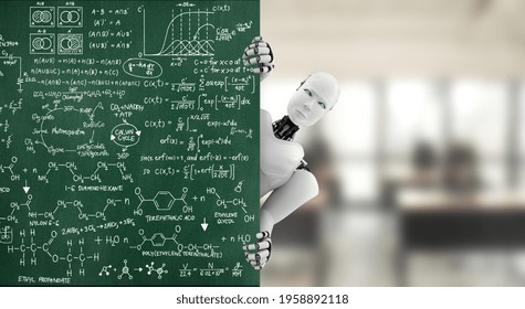 3D render humanoid robot show up from educational blackboard in class room . 3D illustration of AI artificial intelligence for school education development .