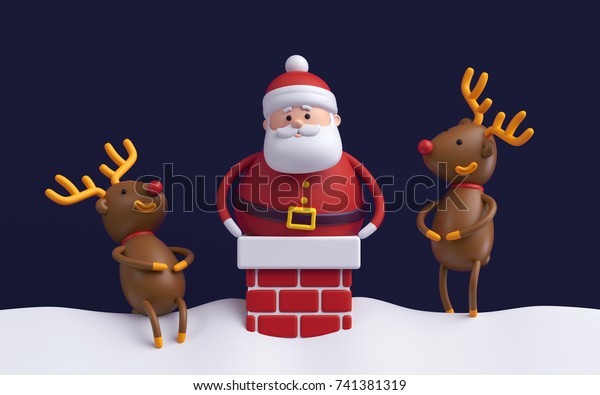 3dレンダリング ユーモラスなクリスマスシーン 漫画のキャラクター 太ったサンタクロースが煙突に突っ込んで 笑いをこらえる のイラスト素材
