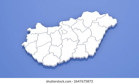 3D Render of Hungary Map with State Borders on Blue Background.