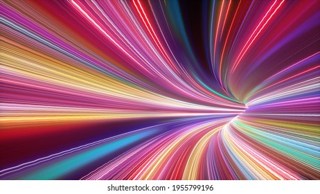 3d Render Of Hyperspace Tunnel Turning To The Right, Abstract Cosmic Background. Bright Neon Rays And Glowing Lines. Network Data, Speed Of Light, Space And Time Strings, Highway Night Lights