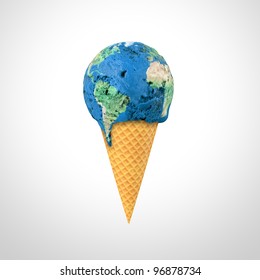 3D Render Of An Ice Cream Cone With The World Map Pattern