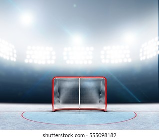 A 3D render of an ice hockey rink stadium with a red goal under illuminated floodlights