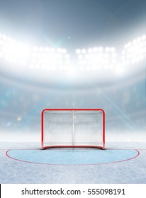 A 3D render of an ice hockey rink stadium with a red goal under illuminated floodlights