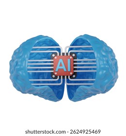 3d render icon AI chip with brain. concept of thinking idea using artificial intelligence