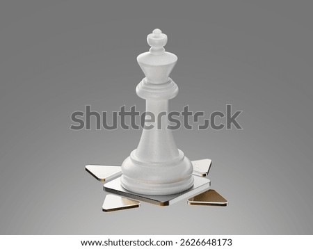 3D render icon of a chess king piece surrounded by directional arrows. Symbolizes leadership, strategic planning, decision making and business positioning.