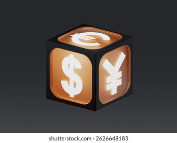 3D render icon of a cube featuring currency symbols for dollar, euro and yen. Represents international exchange, financial markets and global economic flow.
