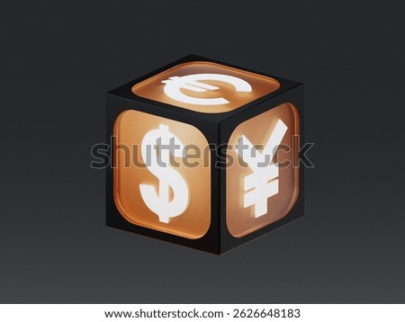 3D render icon of a cube featuring currency symbols for dollar, euro and yen. Represents international exchange, financial markets and global economic flow.
