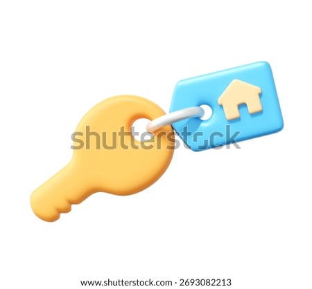 3D render icon of a house key with a home tag. Symbolizes real estate, property access, buying a new home, and security. Ideal for web UI, apps, and infographics. Isolated.