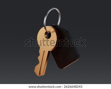 3D render icon of a metal key with a keychain tag. Represents access, property ownership, security, real estate, privacy, home entry, identity and permission.