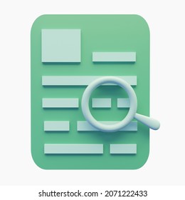 3d Render Icon Of Searching Data In Paper Sheet Document Isolated On The White Background. Illustration To Find Information, Hiring, Browsing Vacancy, Analisis File Concepts. 