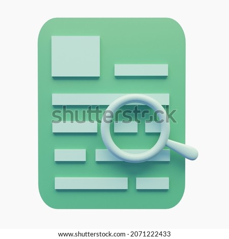 3d render icon of searching data in paper sheet document isolated on the white background. Illustration to find information, hiring, browsing vacancy, analisis file concepts. 