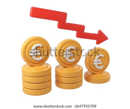 3d render icon Stacks of declining euro coins and descending red arrow representing financial crisis, with transparent background