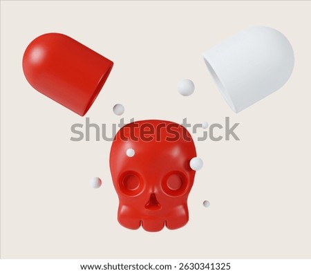 A 3D render illustrating narcotics warnings with a red skull and capsule elements emphasizing danger.