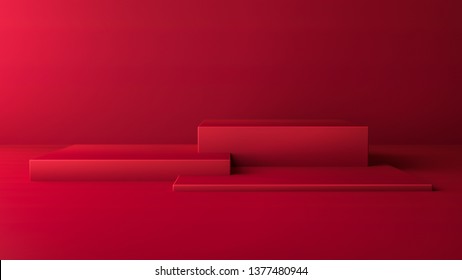 3D Render Illustration With Abstract Geometric Shapes. Dark Red Color Cubes For Product Promotion. Minimalist Design In Modern, Realistic Style With Empty Space.